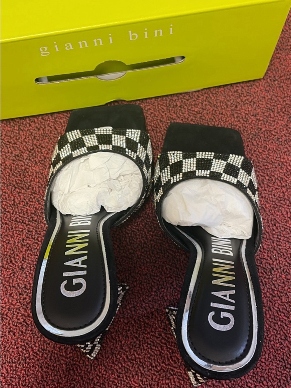 Gianni Bini Black & White Checkered Crystal Slide Mules - Picture 3 of 6